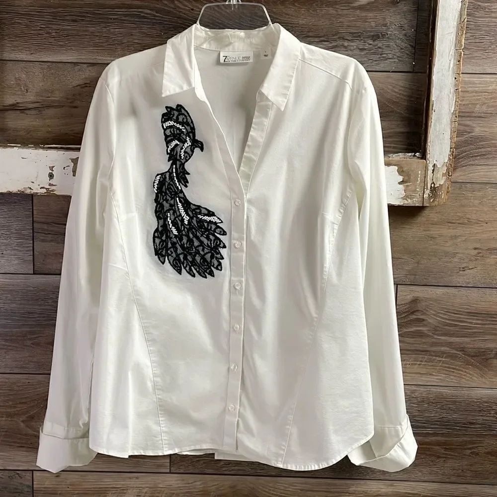 7th AVENUE DESIGN STUDIO White Tailored Blouse Black Lace Phoenix Bird SZ Large